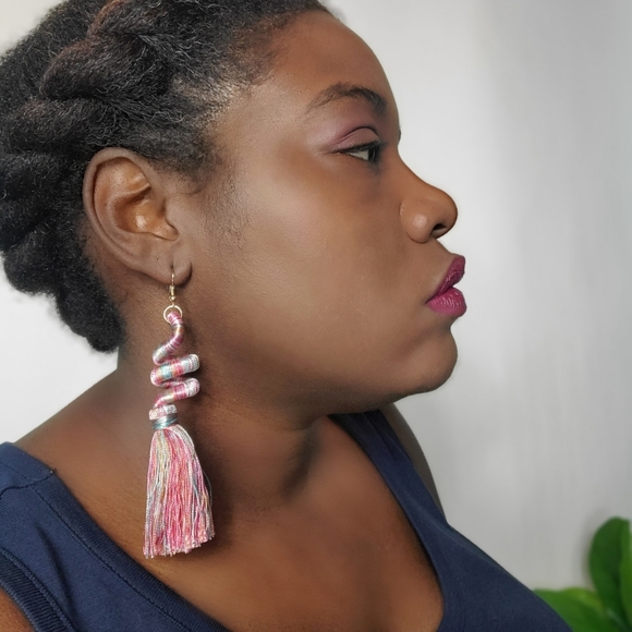 Pink - Twist & Fringe Multicolor Thread Earrings - Picture 3 of 3